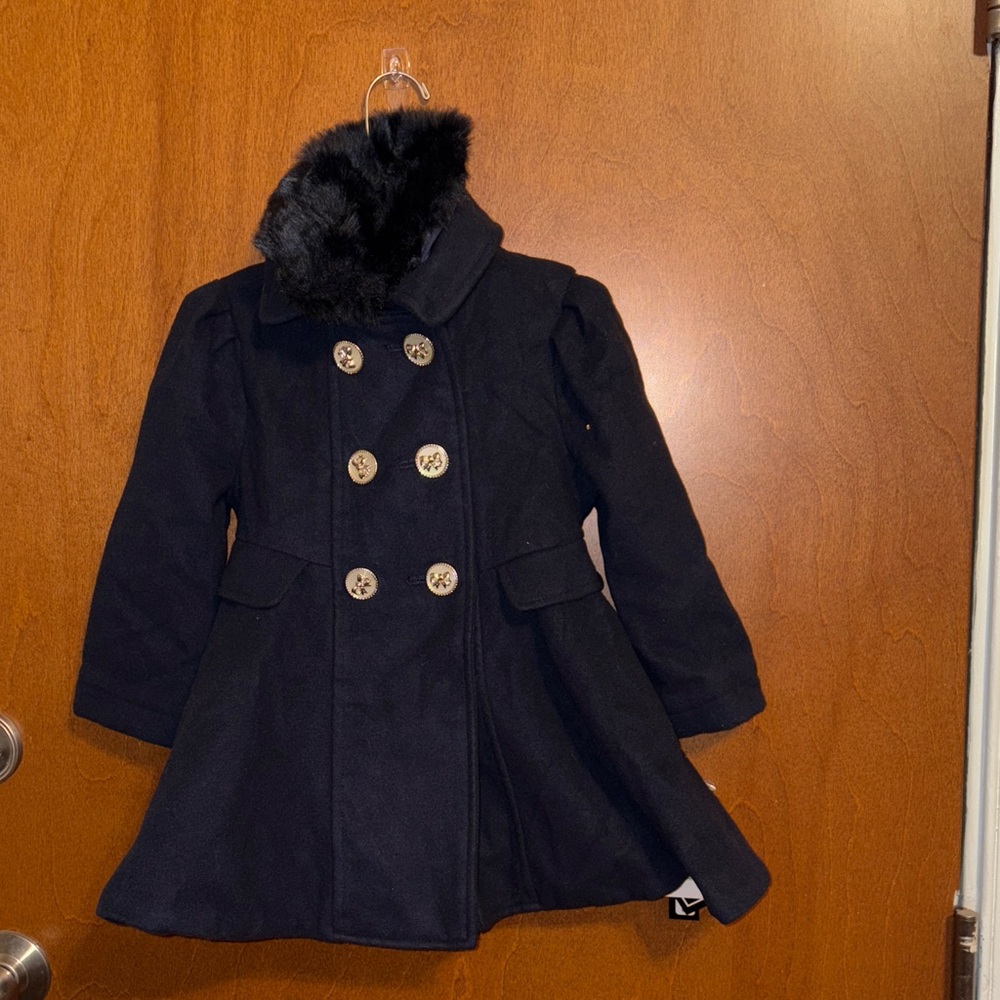 Rothschild Black Pea Coat with Faux Fur Collar